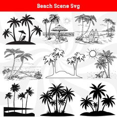 the silhouettes of palm trees and beach scenes are shown in black on white paper