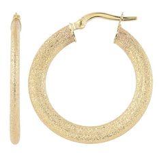 Beautifully crafted in Italy of high quality 14k yellow gold, these gold hoop earrings boast elegance and style that is ideal with your casual or formal wear. Showcases a flat round hoop earring style with a textured finish that makes this jewelry glimmer at every turn. Size: one size.  Gender: female.  Age Group: adult. Flat Hoop Earrings, Hoop Earrings Style, Gold Hoop, Gold Hoop Earrings, Formal Wear, Everyday Look, Fashion Earrings, Gender Female, Womens Watches