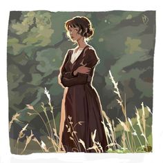 a drawing of a woman standing in tall grass with her arms crossed and looking off to the side