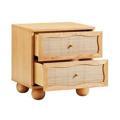 two drawers on wheels are shown with one drawer open and the other closed, in natural wood