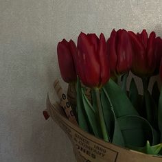 a bunch of red tulips are in a vase