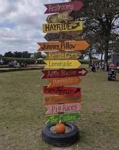 a pole with many different signs on it in the middle of a grassy area next to trees