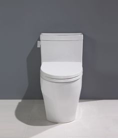 a white toilet sitting in a bathroom next to a gray wall and tile flooring