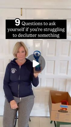 a woman sitting on a chair holding a blue object in her hand with the words 9 questions to ask yourself if you're struggling