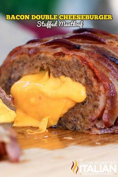 bacon double cheeseburger stuffed meatloaf with melted cheese on the top and bottom