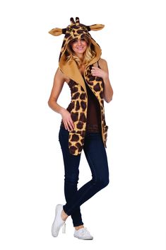 a woman is wearing a giraffe costume