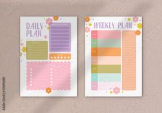 two planner pages with flowers on them and the words daily plan written in pink, green,