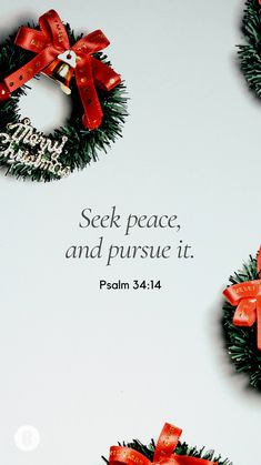 two christmas wreaths with red bows and the words seek peace, and pursue it