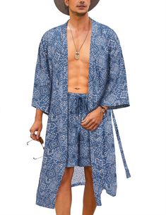 PRICES MAY VARY. 【FABRIC】：This men's 2 pieces kimono jacket set is made from silky and lightweight fabric, soft and skin-friendly, which provides you a comfortable, breathable and cool feeling in hot summer. 【DESIGN】: These men's open front cardigan featuring V-neck ,3/4 sleeves, Japanese kimono style, belt, all-over Hawaii print and loose fit, adds a cool feeling for your summer vacation. And the summer beach short provides two slant pockets and 1 back pocket, you can put small items in them. 【 Summer Cotton Sets With Kimono Sleeves, Cotton Sets With Kimono Sleeves For Summer, Summer Cotton Kimono With Pockets, Blue Summer Sets With Kimono Sleeves, Cardigan With Belt, Hawaii Print, Bathrobe Men, Hawaiian Outfit, Belted Shorts