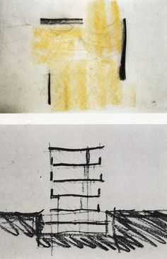 two drawings with black and yellow lines on them, one in the process of drawing