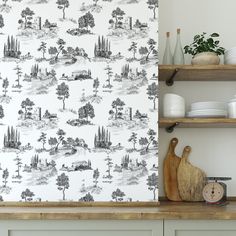 a kitchen wallpaper with a black and white landscape design on the back dropper