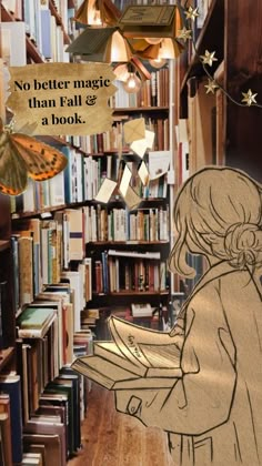 there is a drawing of a girl reading a book in front of bookshelves