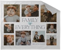 the family and everything photo collage is displayed on a white blanket with multiple photos