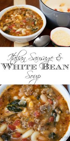 white bean soup with spinach and other vegetables in a bowl next to a spoon