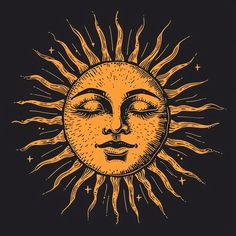 the sun with its eyes closed in front of it's face, on a black background