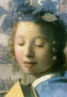 a close up of a painting of a woman with flowers in her hair and eyes closed