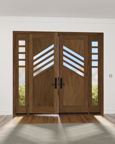 an open wooden door with blinds on the top and side panels, in front of a white wall