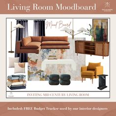 living room mood board with furniture and accessories