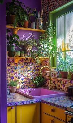 the kitchen is decorated with colorful tiles and potted plants on the shelf above the sink