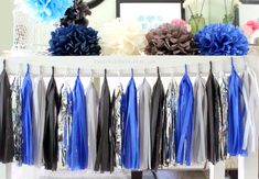 blue and black tassels are hanging from a shelf