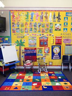 a brightly colored area rug in front of a yellow wall with lots of magnets on it