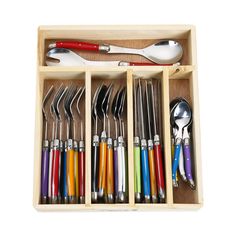 a wooden box filled with different types of utensils