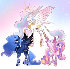 three ponies standing next to each other in front of a blue sky with stars