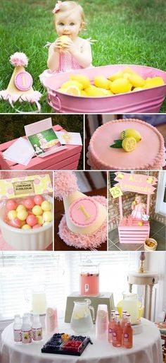 a collage of photos with lemons and other things in the background, including a baby's first birthday cake