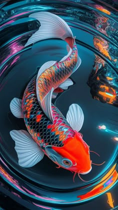 two koi fish are swimming in the water