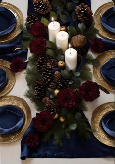 Dining Table Runner Christmas, Blue Velvet Tablescape, Winter Floral Table Arrangements, Blue Green Burgundy Christmas, Ralph Lauren Table Setting, Brown Christmas Table Settings, Navy Blue Christmas Table Settings, Christmas Decor Blue And Red, Jewel Toned Tablescape