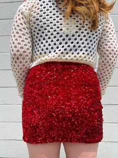 THE DREAM PARTY SKIRT IS HERE!!!! This Red Sequin Skirt will have heads turning at how cute your outfit is! Style with a sweater and tights for a holiday outing or your favorite bodysuit for a party look! This sparkly red looks amazing with greens, pinks, blues, whites, and blacks! The cutest and sparkliest skirt Style with sweaters, cute tops, and tights Pairs well with blue, green, pink, white, and black True to size. 95% Polyester 5% Spandex Natalye is 5'3 wearing a size small and typically w Red Sequin Skirt, Dream Party, Party Skirt, Red Sequin, Holiday Red, Party Look, Neutral Outfit, Skirt Style, Party Looks