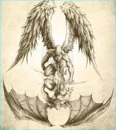 a drawing of a dragon with wings on it's back and two people in the middle