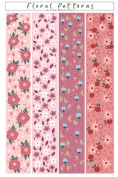 four different floral patterns in pink, red and blue