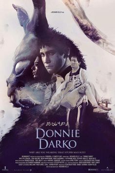 the movie poster for donnie darko with two people and an animal on it