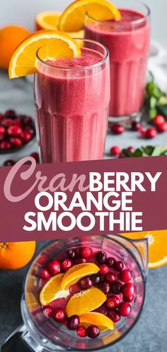 cranberry orange smoothie in a blender with fresh fruit and garnishes