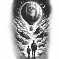 a man and child are standing in front of an air balloon with the moon above them