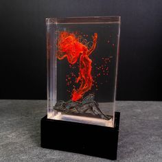 a glass case with red liquid in it