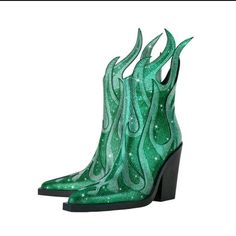 Green British Style Diamond Pointed Toe Thick Heel Ankle Boots Side Zipper High Heel: 3.9 Inch Upper Material: Pu Leather Lining Material: Fabric Insole Material: Microfiber Leather Outsole Material: Rubber Turquoise Thigh High Boots, Green Round Toe Platform Boots For Party, Green Platform Boots With Round Toe For Party, Trendy High Heel Boots For Festival, Green High Ankle Party Boots, Green Platform Boots For Party, Green Ankle-high Heeled Boots For Party, Trendy Green Platform Boots For Party, Green High Heeled Boots For Party