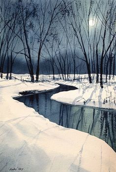 a painting of snow covered ground and trees with water running through it in the foreground