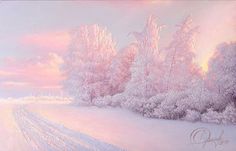 a painting of snow covered trees and tracks in front of a pink sky with clouds