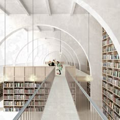 an artist's rendering of a library with stairs and bookshelves in it