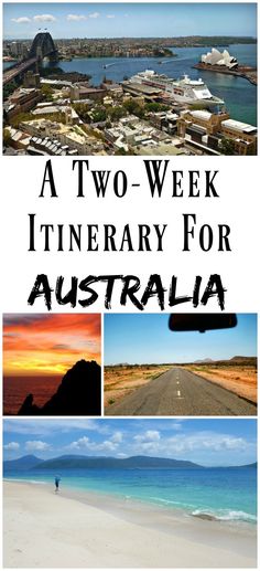 the cover of a two - week itinerary for australia with images of boats, mountains and water