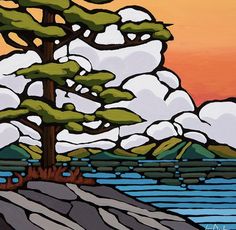 a painting of a pine tree by the water with clouds in the sky behind it