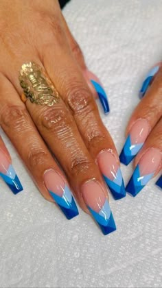 Gillian THE NAIL DEITY on Instagram Mood Changing Nail Polish Design, Fancy Blue Nail Designs, Colorful Nail Art Designs, Blue Tip Acrylic Nails, Blue French Nail Designs, French Tip Color Nails, Gorgeous Nails Designs, Caribbean Nails Designs, Fancy Acrylic Nails