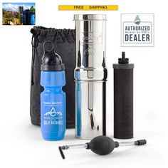 a blue water bottle next to a black bag and some other items on a white background