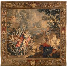 an old tapestry with people and animals in the woods on it's sides, surrounded by foliage