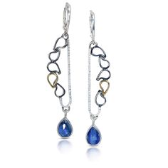 Gold, Silver & Stone Earrings - These bridged waterfall earrings are crafted from hand-forged and fused Argentium, intended to evoke the essence of a refreshing rainfall. Accented with 18k gold and a blue kyanite drop with sterling silver lever backs. Luxury Kyanite Jewelry Gift, Waterfall Earrings, Blue Kyanite Gemstone Necklace, Black Kyanite, Kyanite Jewelry, Kyanite Earrings, Rain Chain, Artful Home, Blue Kyanite