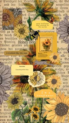 sunflowers and bees collaged together on an old book page with words written below