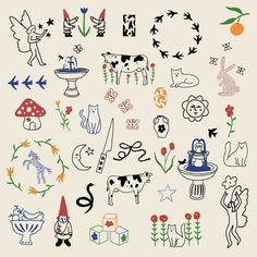 an assortment of doodles and drawings on a white background with flowers, animals, plants, and other things