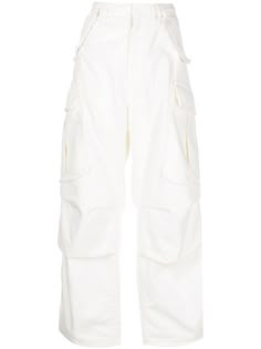 off-white cotton denim high-waisted wide leg raw-cut edge belt loops concealed front button fastening two side flap pockets two side cargo pockets two rear flap pockets White Pants Cargo, White Denim Cargo Pants, White Baggy Cargo Pants, Mens White Jeans, White Cargo Jeans, White Cargos, White Straight Leg Pants, White Wide Leg Jeans, Cargo Pants Baggy